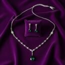 04 womlysh silver toned metal and emerald crystals teardrop pendant emerald green and silver necklace set top down view 850