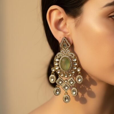 01 womlysh gold toned metal and faux green stones chandelier statement gold and sage green earrings model view 849