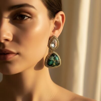 01 womlysh gold toned metal and faux marbled stones statement drop earrings emerald green and gold earrings model view 629