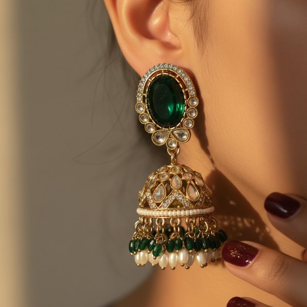 01 womlysh gold toned metal and faux pearls jhumka emerald green earrings model view 949