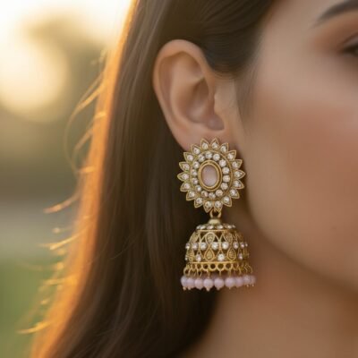 01 womlysh gold toned metal and faux pearls jhumka gold and pink earrings model view 550