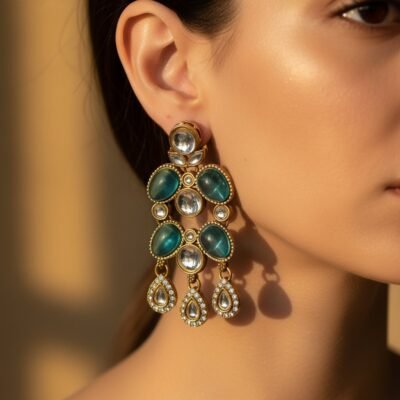 01 womlysh gold toned metal and teal resin chandelier teal and gold earrings model view 649