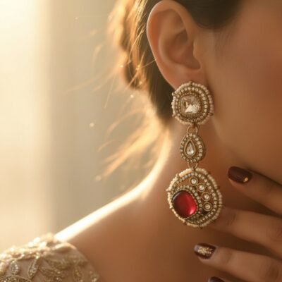 01 womlysh gold toned metal faux pearls crystals long drop statement burgundy and gold earrings model view 649