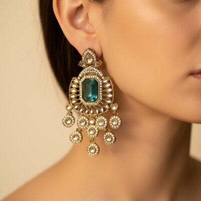 01 womlysh gold toned metal teal crystals statement chandelier gold and turquoise earrings model view 829