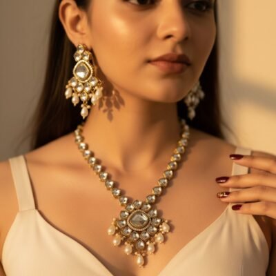 01 womlysh kundan gold toned metal traditional statement set gold and white necklace set model view 1049