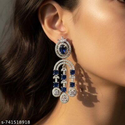 01 womlysh silver toned metal and blue crystals chandelier drop earrings royal blue and silver earrings model view 1200