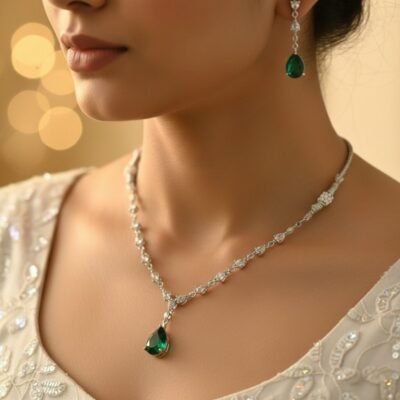 01 womlysh silver toned metal and emerald green stones teardrop pendant green and silver necklace set model view 850