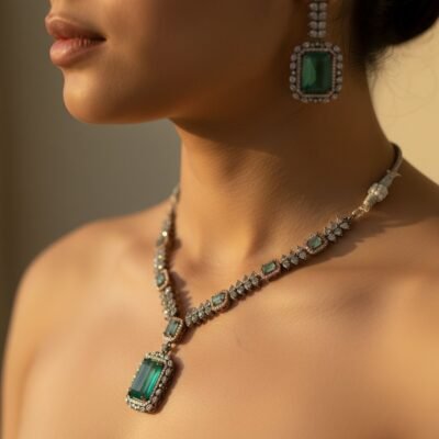 01 womlysh silver toned metal gleaming crystals emerald green stones statement emerald set emerald green silver white necklace set model view 3075