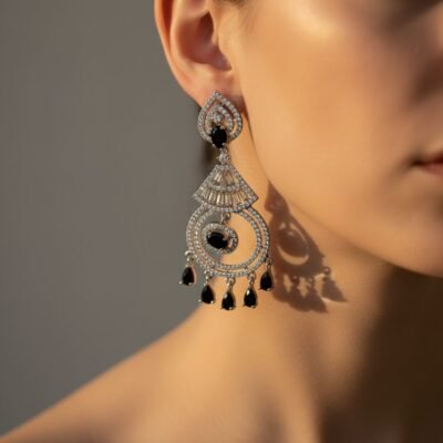 01 womlysh silver toned metal with black crystals chandelier drop earrings silver and black earrings model view 829
