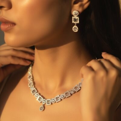 01 womlysh silver toned metal with gleaming crystals geometric silver necklace set model view 999