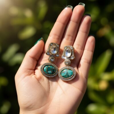 02 womlysh gold toned metal and teal resin statement drop teal and gold earrings hand view 749