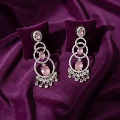 04 womlysh gleaming crystals and faux pink stones tiered chandelier earrings pink and silver earrings top down view 529