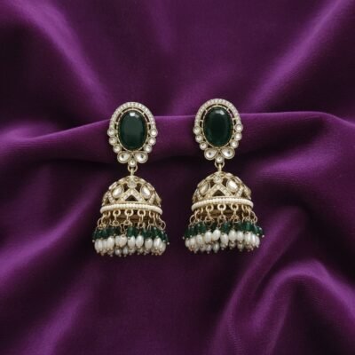 04 womlysh gold toned metal and faux pearls jhumka emerald green and gold earrings top down view 949