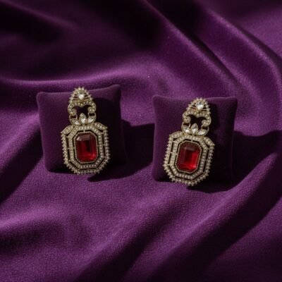 04 womlysh gold toned metal and faux ruby vintage drop red and gold earrings top down view 1125