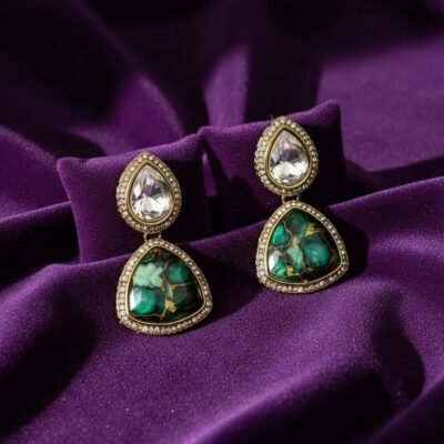 04 womlysh gold toned metal and green faux stone drop earrings green and gold earrings top down view 629