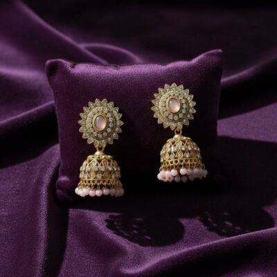 04 womlysh gold toned metal and pink beads jhumka gold and pink earrings top down view 550