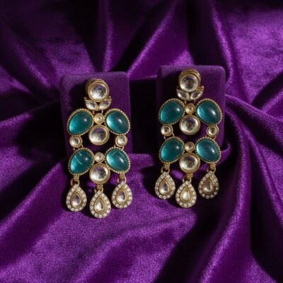 04 womlysh gold toned metal and teal stones statement chandelier teal and gold earrings top down view 649