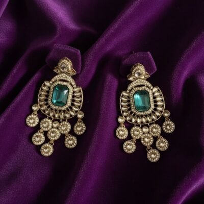 04 womlysh gold toned metal teal crystals statement chandelier teal gold earrings top down view 829