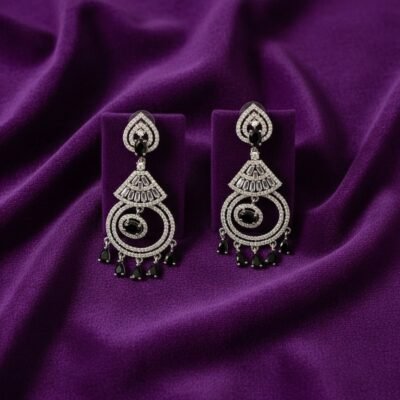 04 womlysh silver toned metal with gleaming crystals geometric chandelier silver and black earrings top down view 829